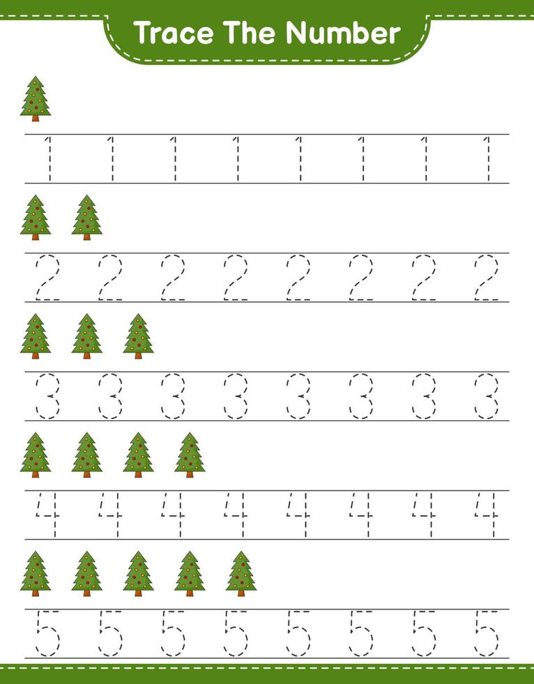 Trace the number. Tracing number with Christmas Tree. Educational children game, printable worksheet, vector illustration