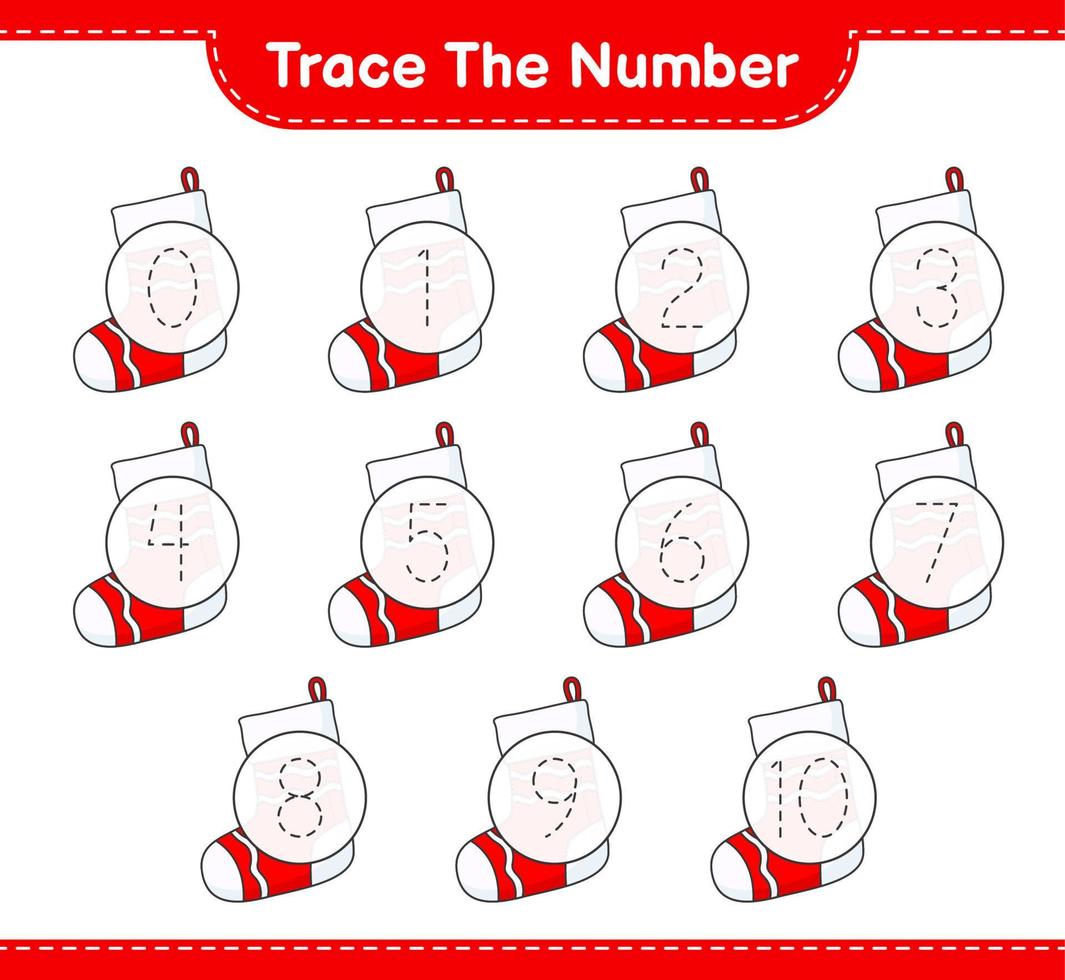 Trace the number. Tracing number with Christmas Sock. Educational children game, printable worksheet, vector illustration