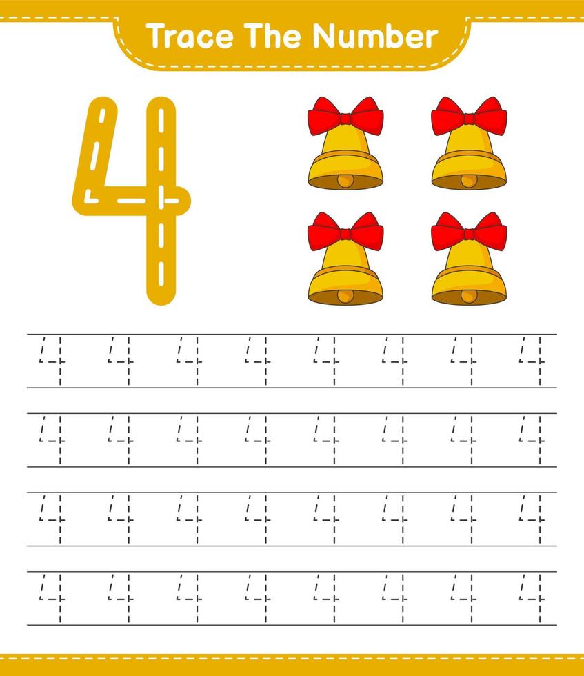 Trace the number. Tracing number with Christmas Bell. Educational children game, printable worksheet, vector illustration