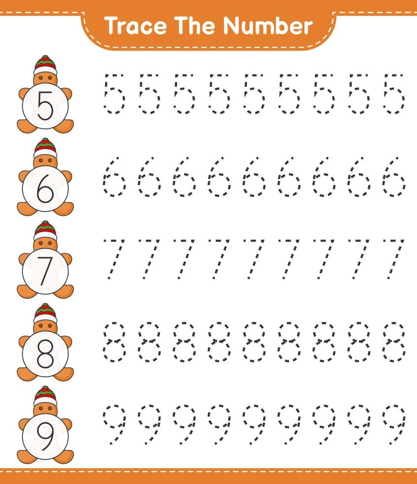 Trace the number. Tracing number with Gingerbread Man. Educational children game, printable worksheet, vector illustration
