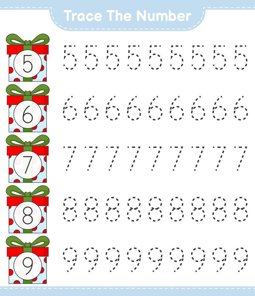 Trace the number. Tracing number with Gift Box. Educational children game, printable worksheet, vector illustration