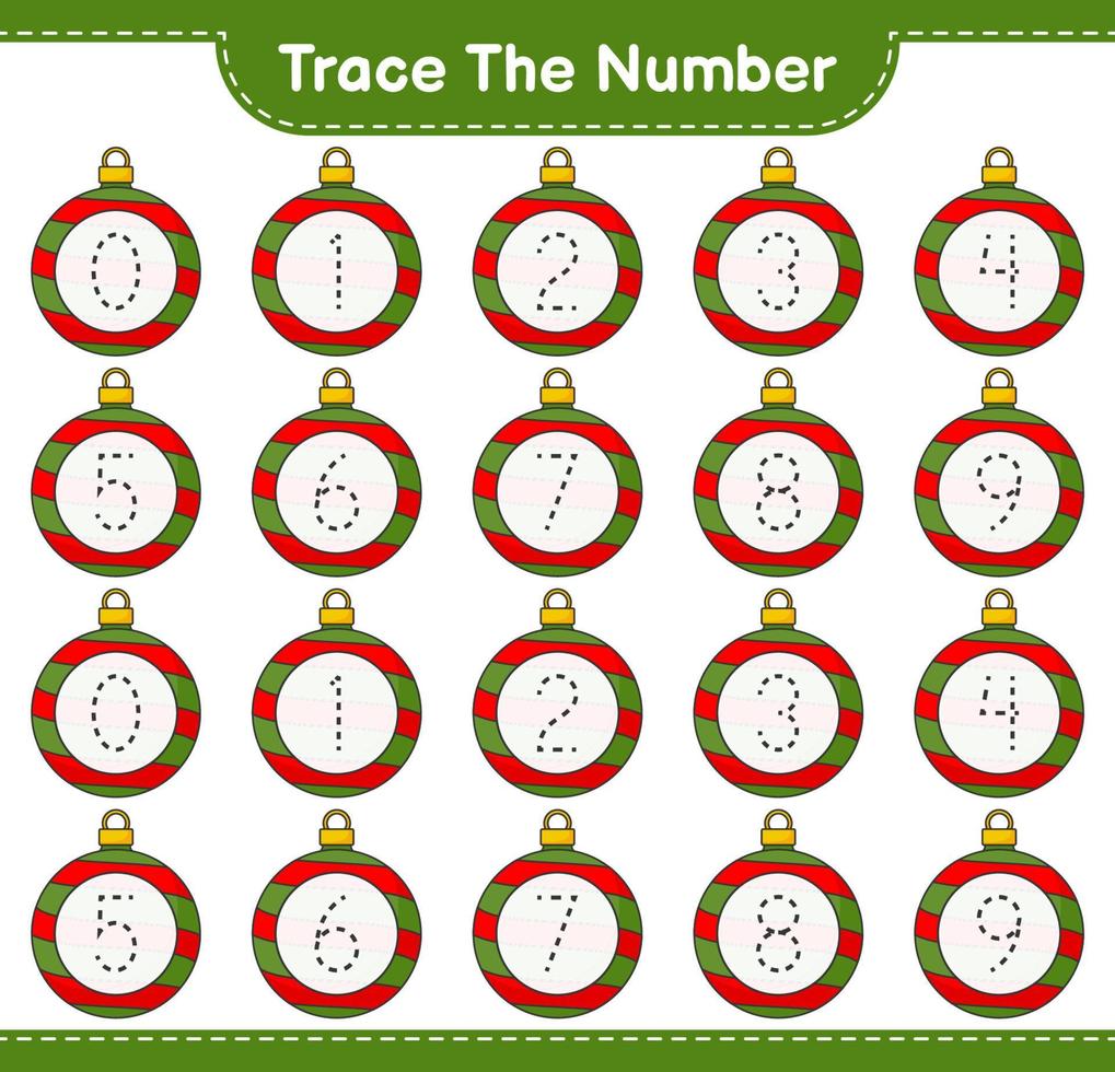 Trace the number. Tracing number with Christmas Ball. Educational children game, printable worksheet, vector illustration