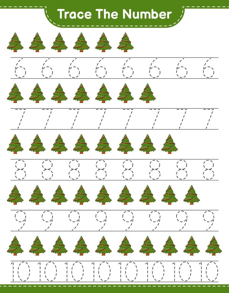 Trace the number. Tracing number with Christmas Tree. Educational children game, printable worksheet, vector illustration