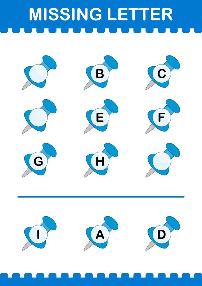 Missing letter with Push Pin. Worksheet for kids vector