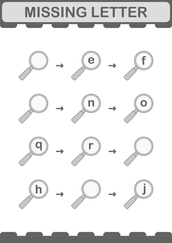 Missing letter with Magnifying Glass. Worksheet for kids vector