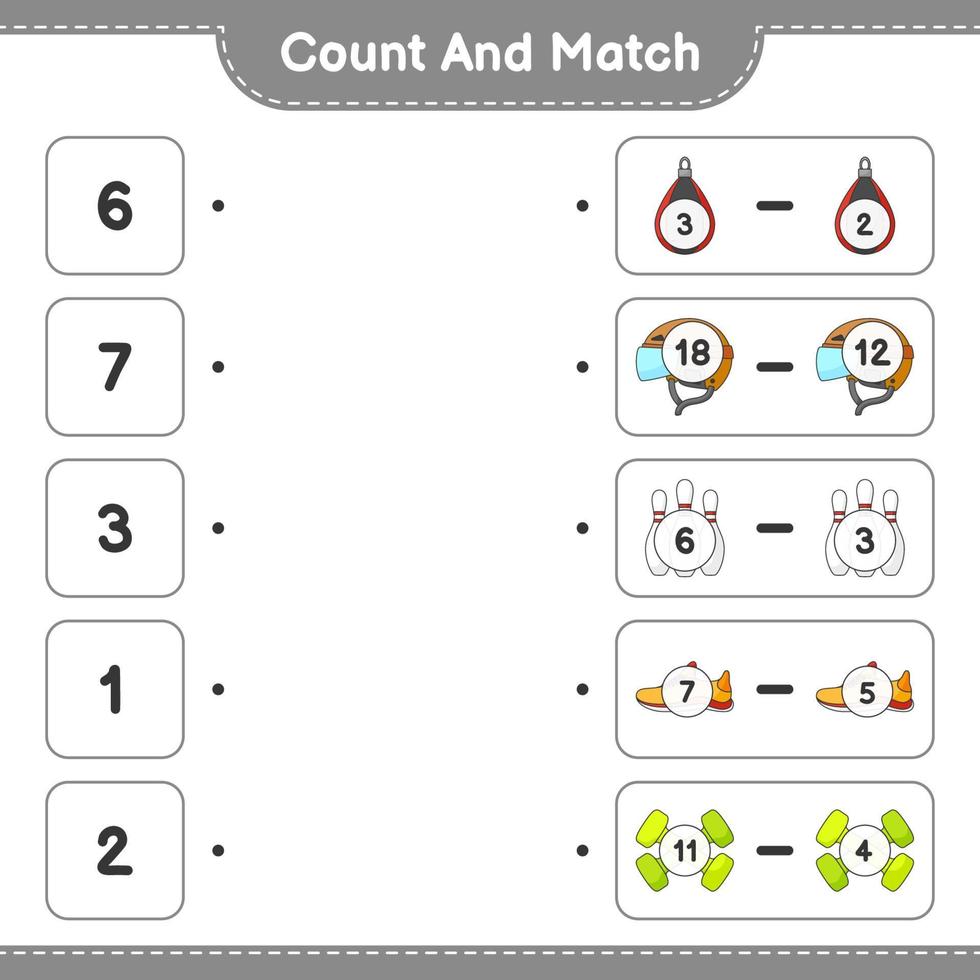 Count and match, count the number of Helmet, Shoes, Bowling Pin, Dumbbell, Punching Bag and match with the right numbers. Educational children game, printable worksheet, vector illustration