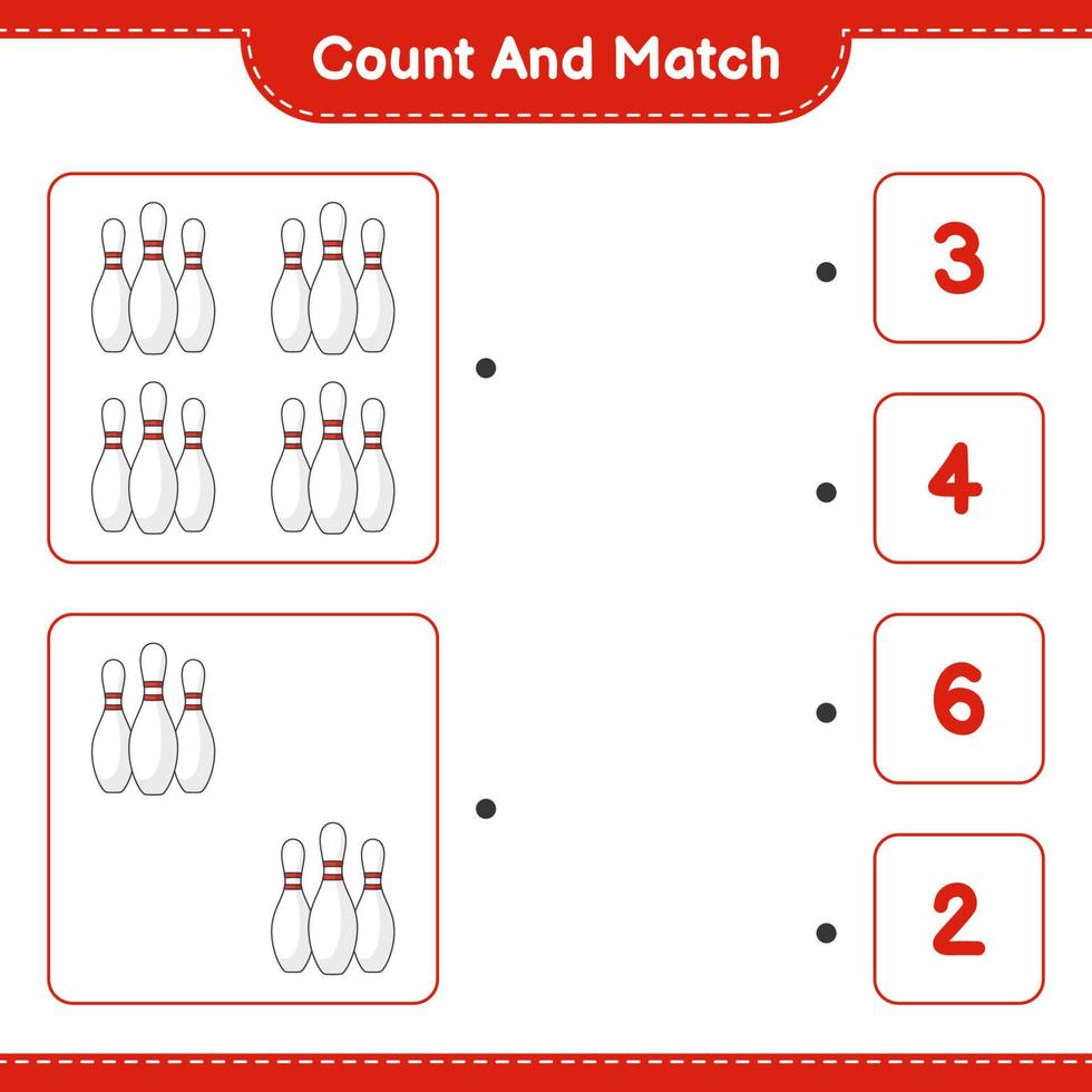 Count and match, count the number of Bowling Pin and match with the right numbers. Educational children game, printable worksheet, vector illustration