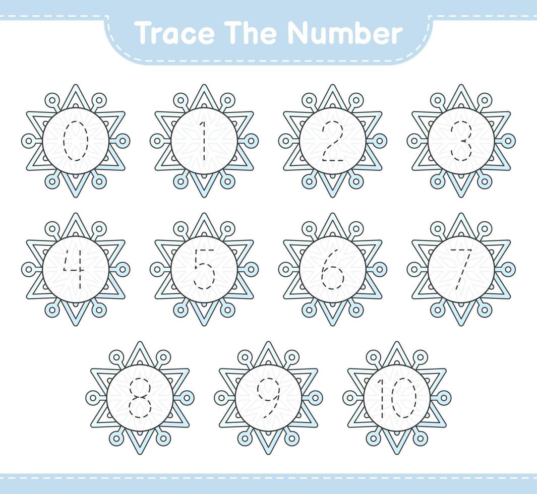 Trace the number. Tracing number with Snowflake. Educational children game, printable worksheet, vector illustration