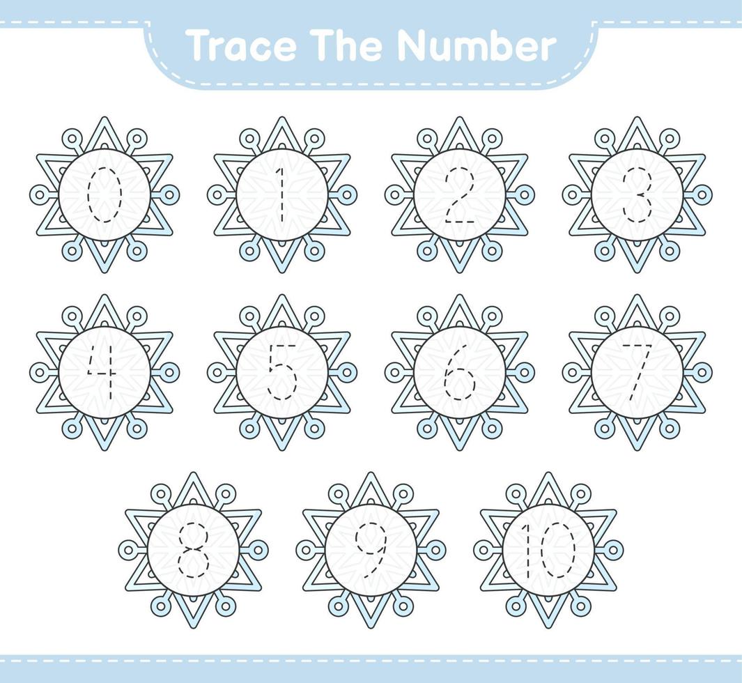 rastrear el número. número de rastreo con copo de nieve. juego educativo para niños, hoja de cálculo imprimible, ilustración vectorial vector