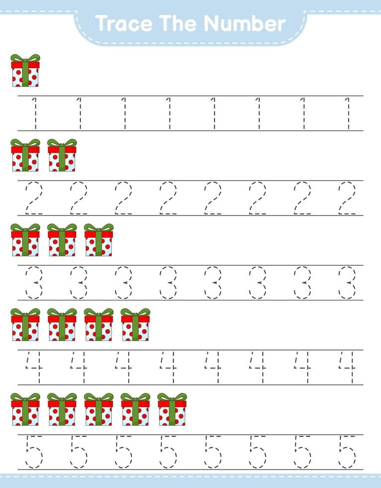 Trace the number. Tracing number with Gift Box. Educational children game, printable worksheet, vector illustration