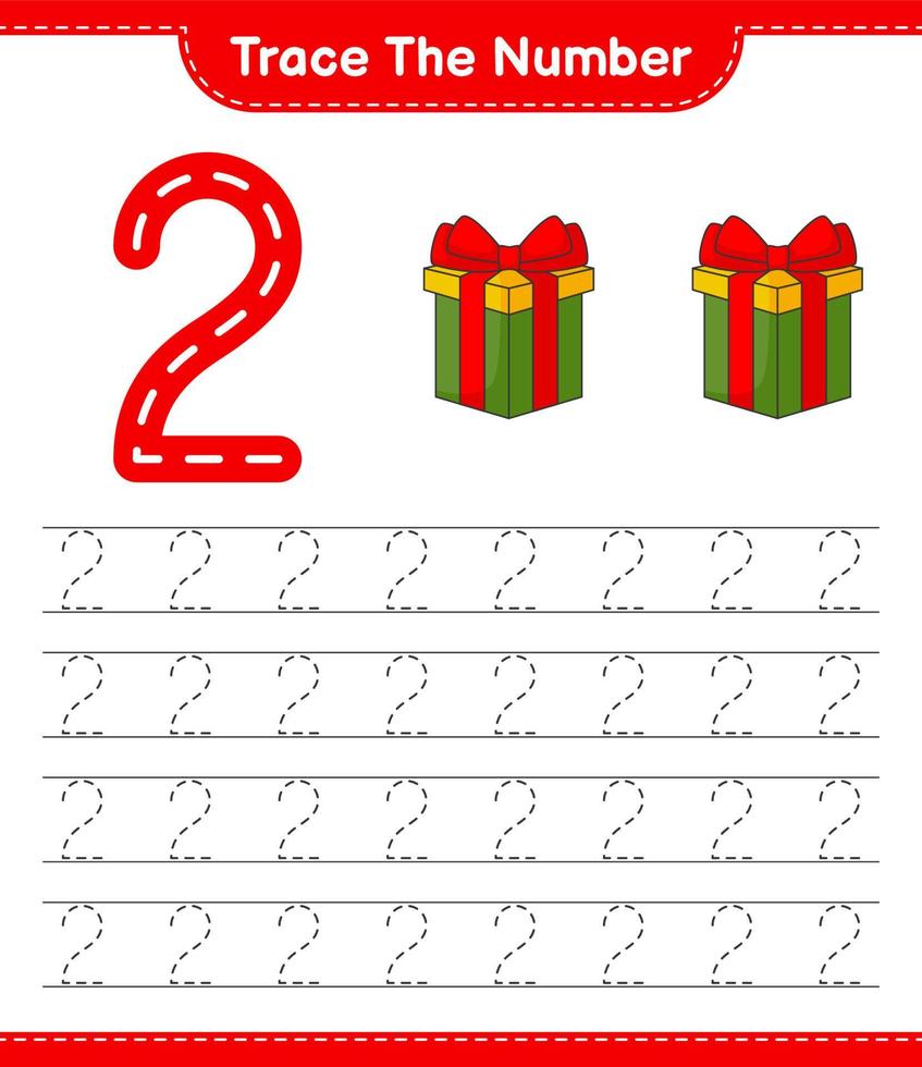 Trace the number. Tracing number with Gift Box. Educational children game, printable worksheet, vector illustration