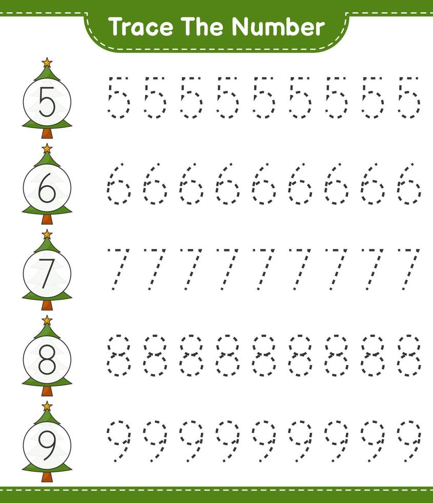 Trace the number. Tracing number with Christmas Tree. Educational children game, printable worksheet, vector illustration