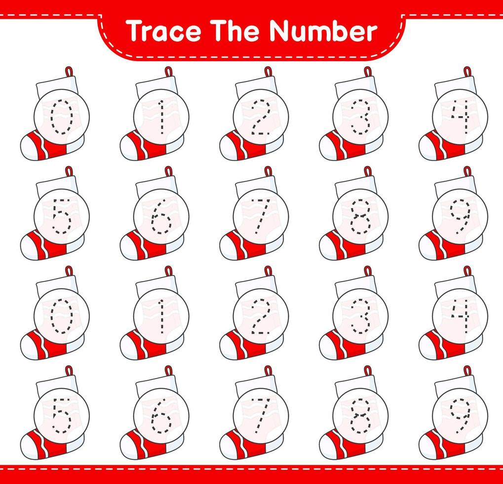 Trace the number. Tracing number with Christmas Sock. Educational children game, printable worksheet, vector illustration