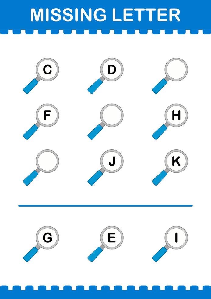 Missing letter with Magnifying Glass. Worksheet for kids vector