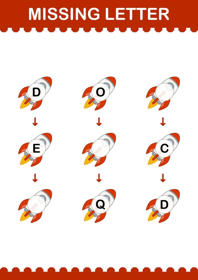 Missing letter with Rocket. Worksheet for kids vector