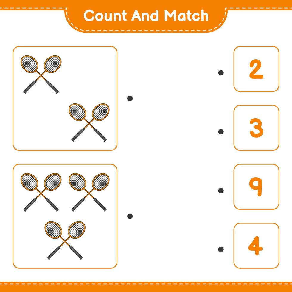 cuenta y empareja, cuenta el número de raquetas de bádminton y empareja con los números correctos. juego educativo para niños, hoja de cálculo imprimible, ilustración vectorial vector