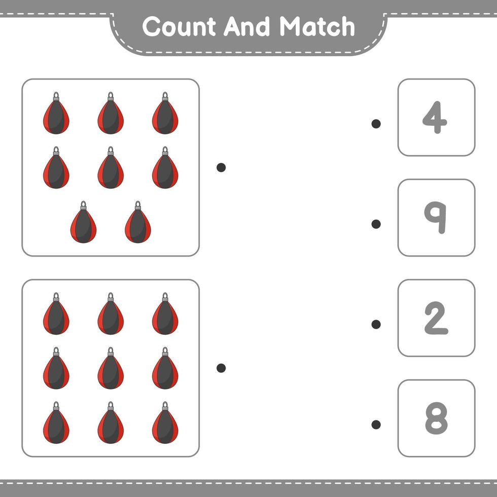 Count and match, count the number of Punching Bag and match with the right numbers. Educational children game, printable worksheet, vector illustration