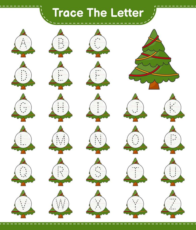 Trace the letter. Tracing letter alphabet with Christmas Tree. Educational children game, printable worksheet, vector illustration