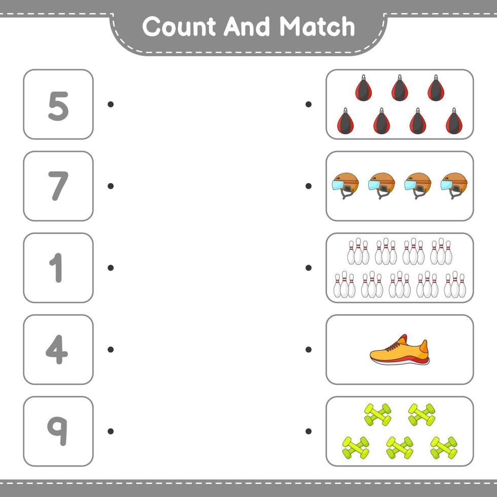 Count and match, count the number of Helmet, Shoes, Bowling Pin, Dumbbell, Punching Bag and match with the right numbers. Educational children game, printable worksheet, vector illustration