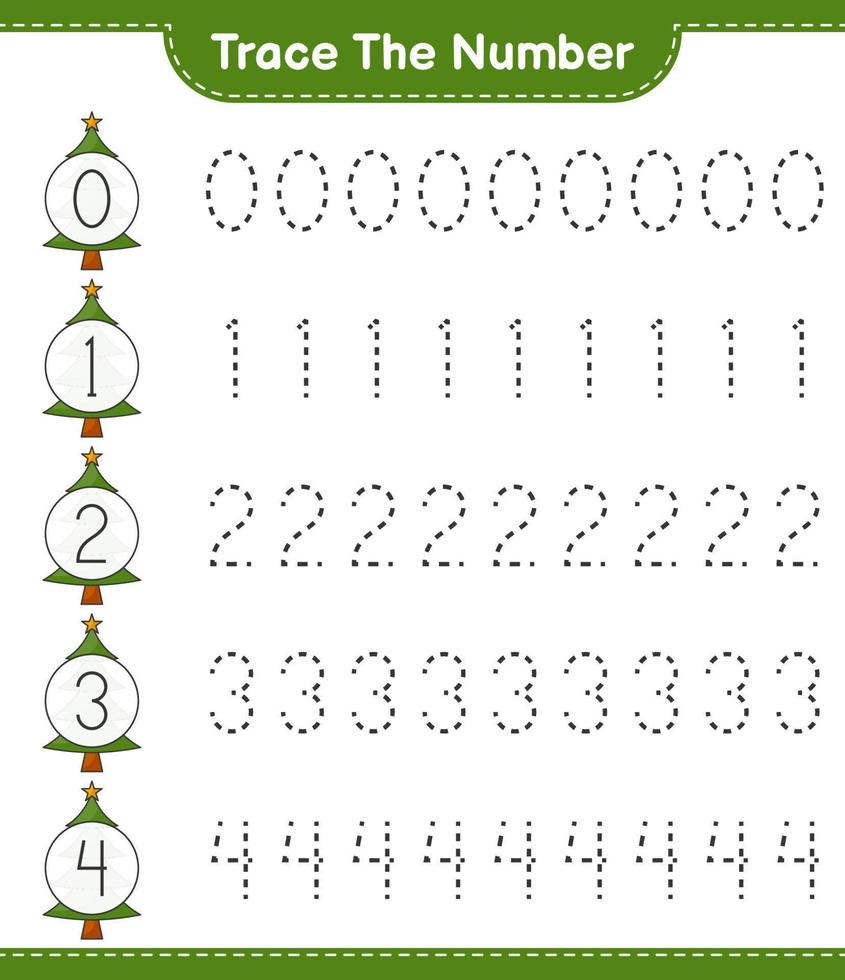 Trace the number. Tracing number with Christmas Tree. Educational children game, printable worksheet, vector illustration