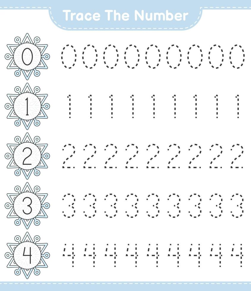 Trace the number. Tracing number with Snowflake. Educational children game, printable worksheet, vector illustration