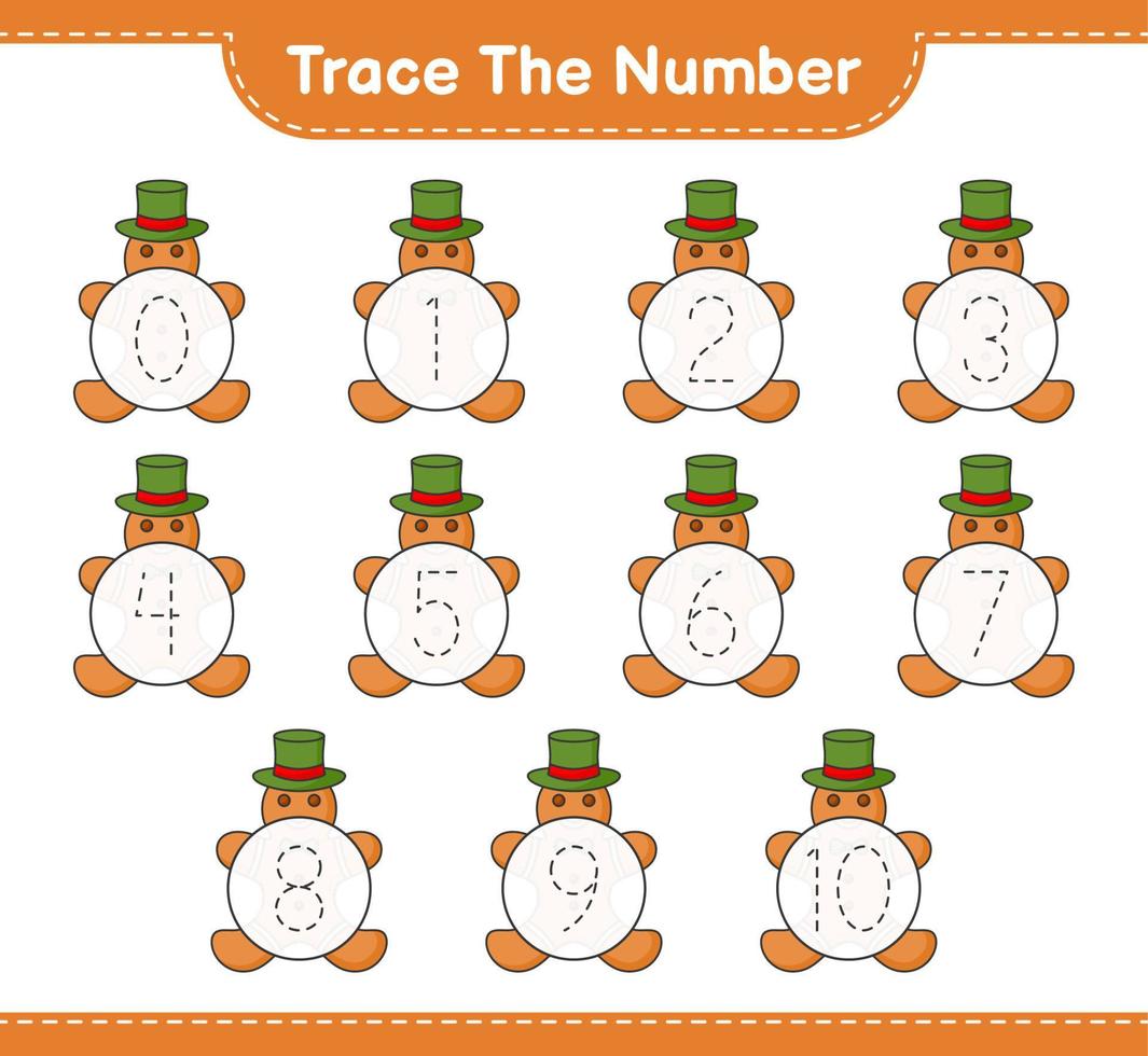 Trace the number. Tracing number with Gingerbread Man. Educational children game, printable worksheet, vector illustration