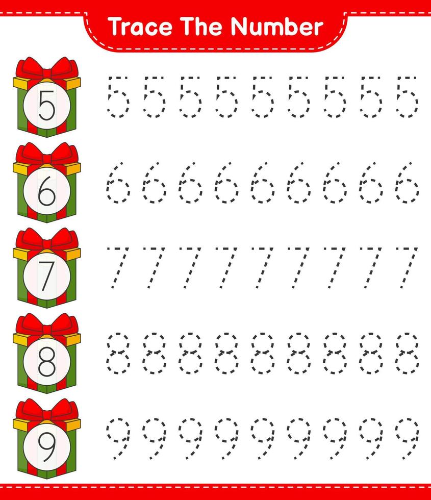 Trace the number. Tracing number with Gift Box. Educational children game, printable worksheet, vector illustration