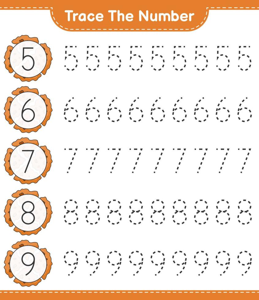 Trace the number. Tracing number with Cookie. Educational children game, printable worksheet, vector illustration