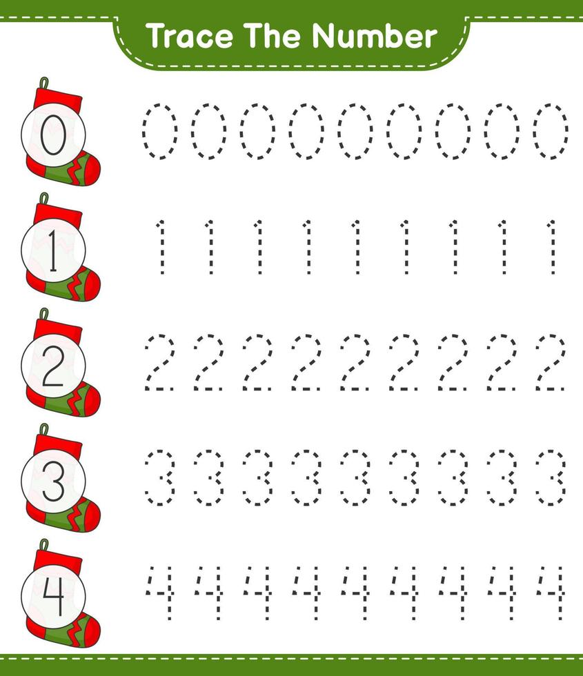 Trace the number. Tracing number with Christmas Sock. Educational children game, printable worksheet, vector illustration