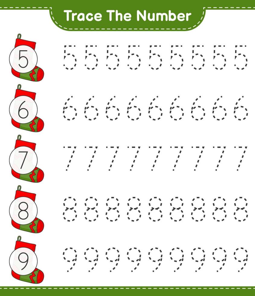 Trace the number. Tracing number with Christmas Sock. Educational children game, printable worksheet, vector illustration