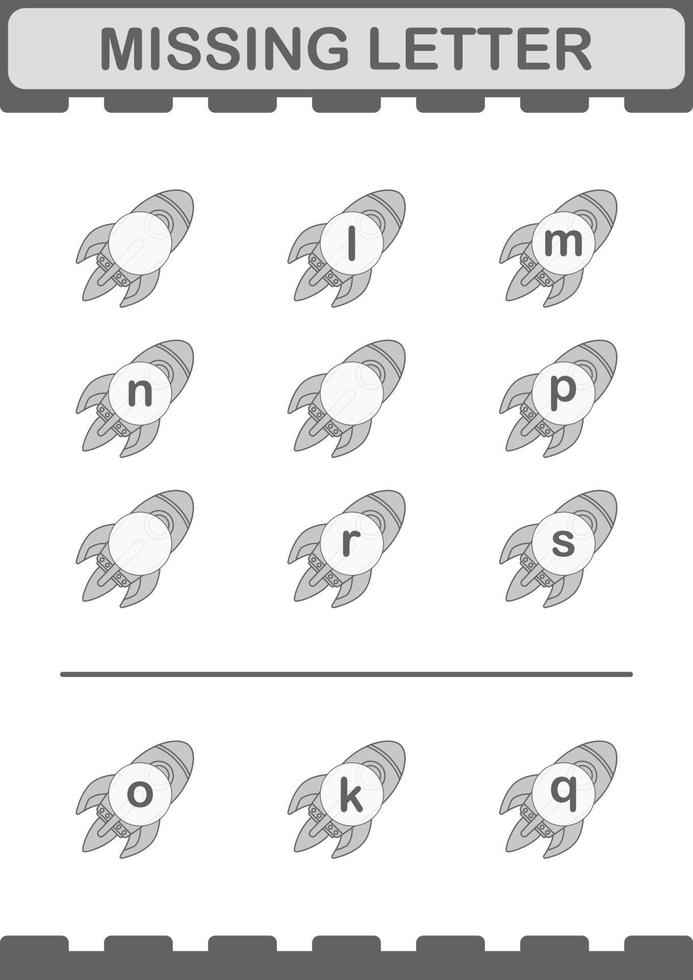 Missing letter with Rocket. Worksheet for kids vector
