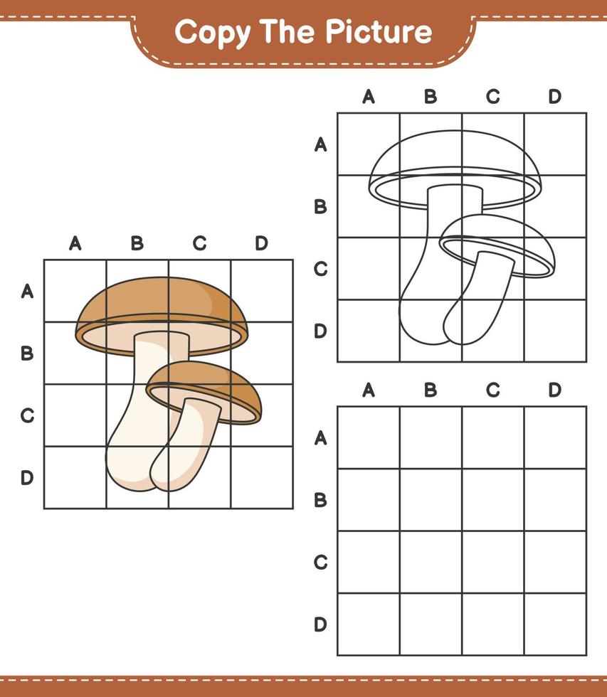 Copy the picture, copy the picture of Shiitake using grid lines. Educational children game, printable worksheet, vector illustration