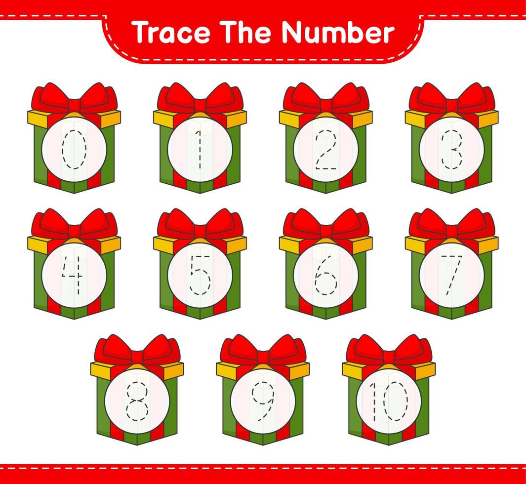 Trace the number. Tracing number with Gift Box. Educational children game, printable worksheet, vector illustration