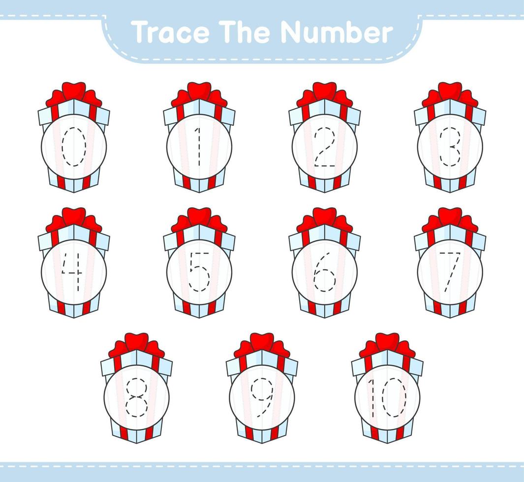 Trace the number. Tracing number with Gift Box. Educational children game, printable worksheet, vector illustration