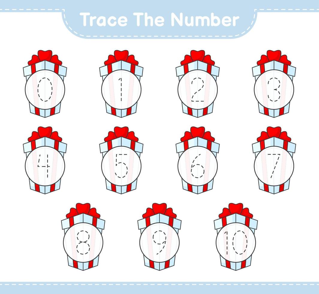 Trace the number. Tracing number with Gift Box. Educational children game, printable worksheet, vector illustration