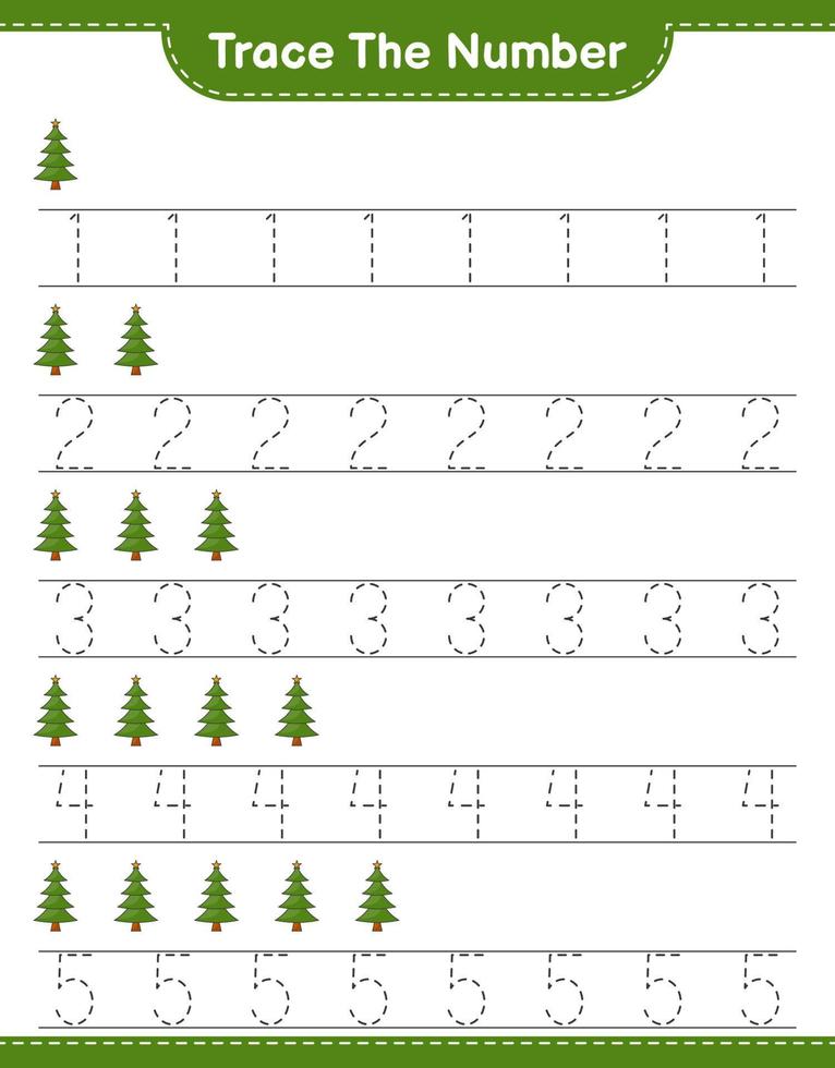 Trace the number. Tracing number with Christmas Tree. Educational children game, printable worksheet, vector illustration