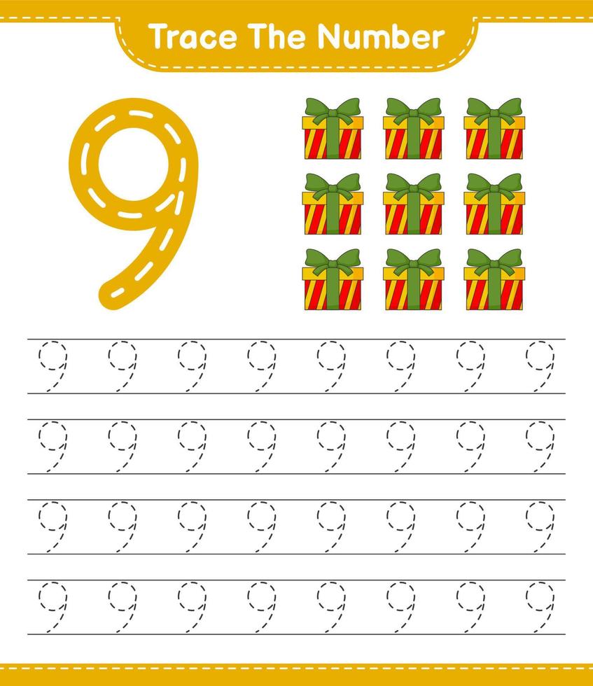 Trace the number. Tracing number with Gift Box. Educational children game, printable worksheet, vector illustration