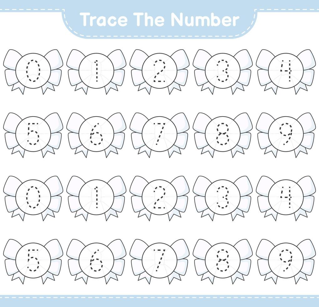 Trace the number. Tracing number with Ribbon. Educational children game, printable worksheet, vector illustration