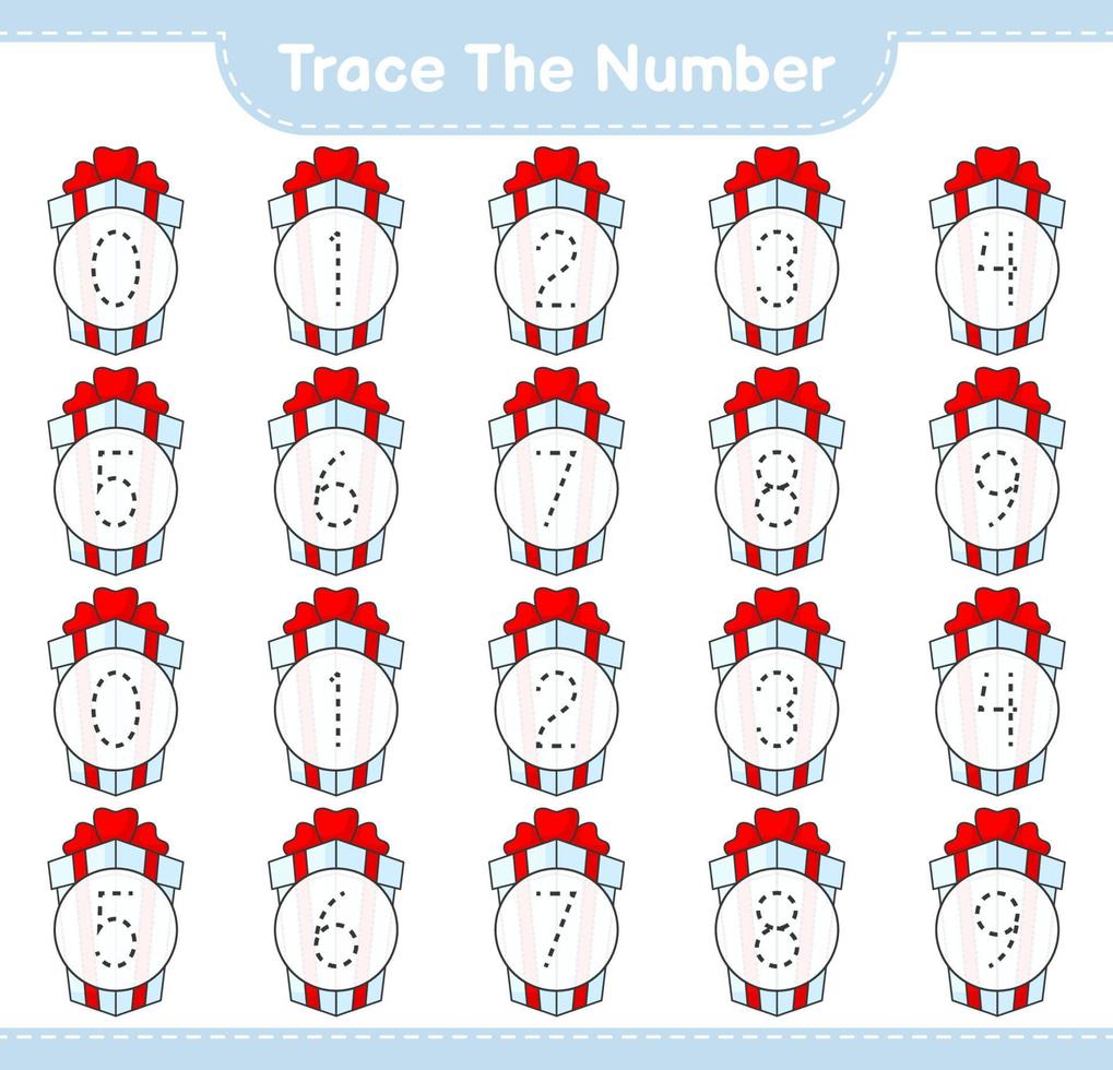 Trace the number. Tracing number with Gift Box. Educational children game, printable worksheet, vector illustration