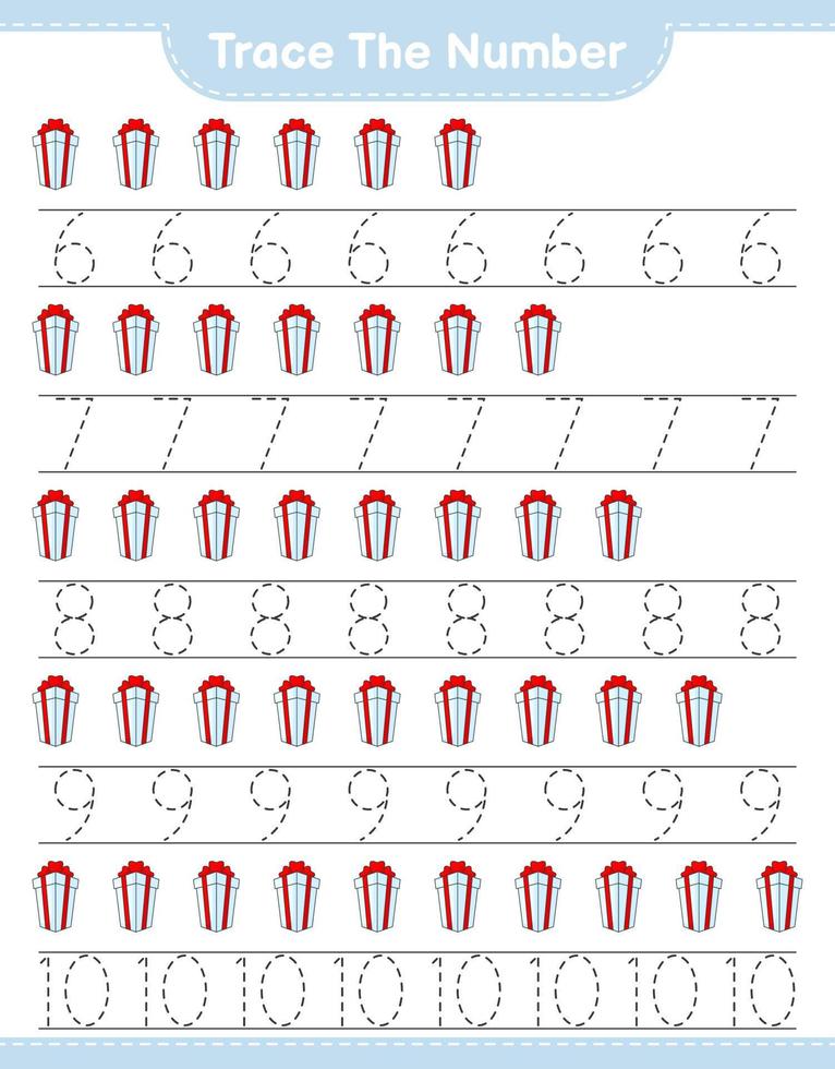 Trace the number. Tracing number with Gift Box. Educational children game, printable worksheet, vector illustration