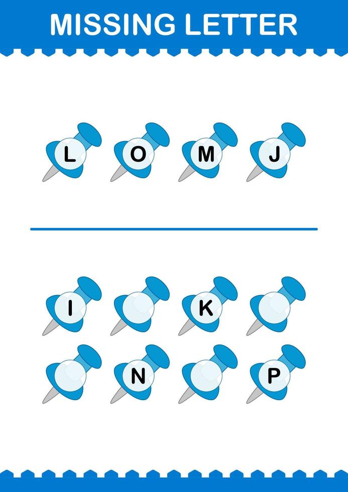 Missing letter with Push Pin. Worksheet for kids vector