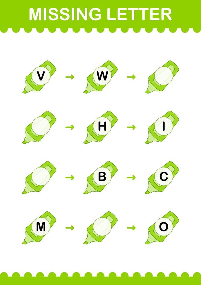 Missing letter with Marker. Worksheet for kids vector