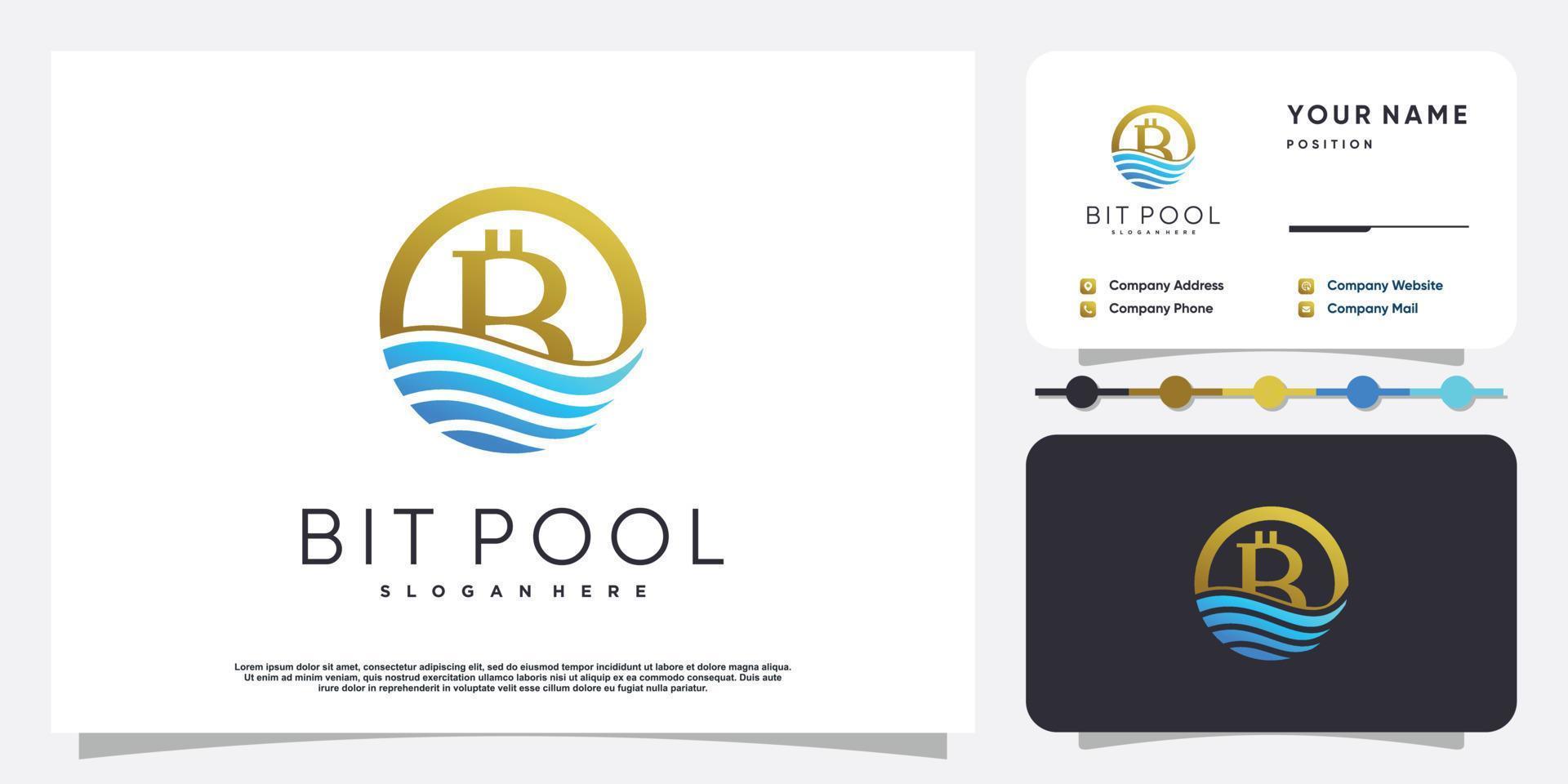 diseño de logotipo de bitpool con agua y vector premium de elemento dorado