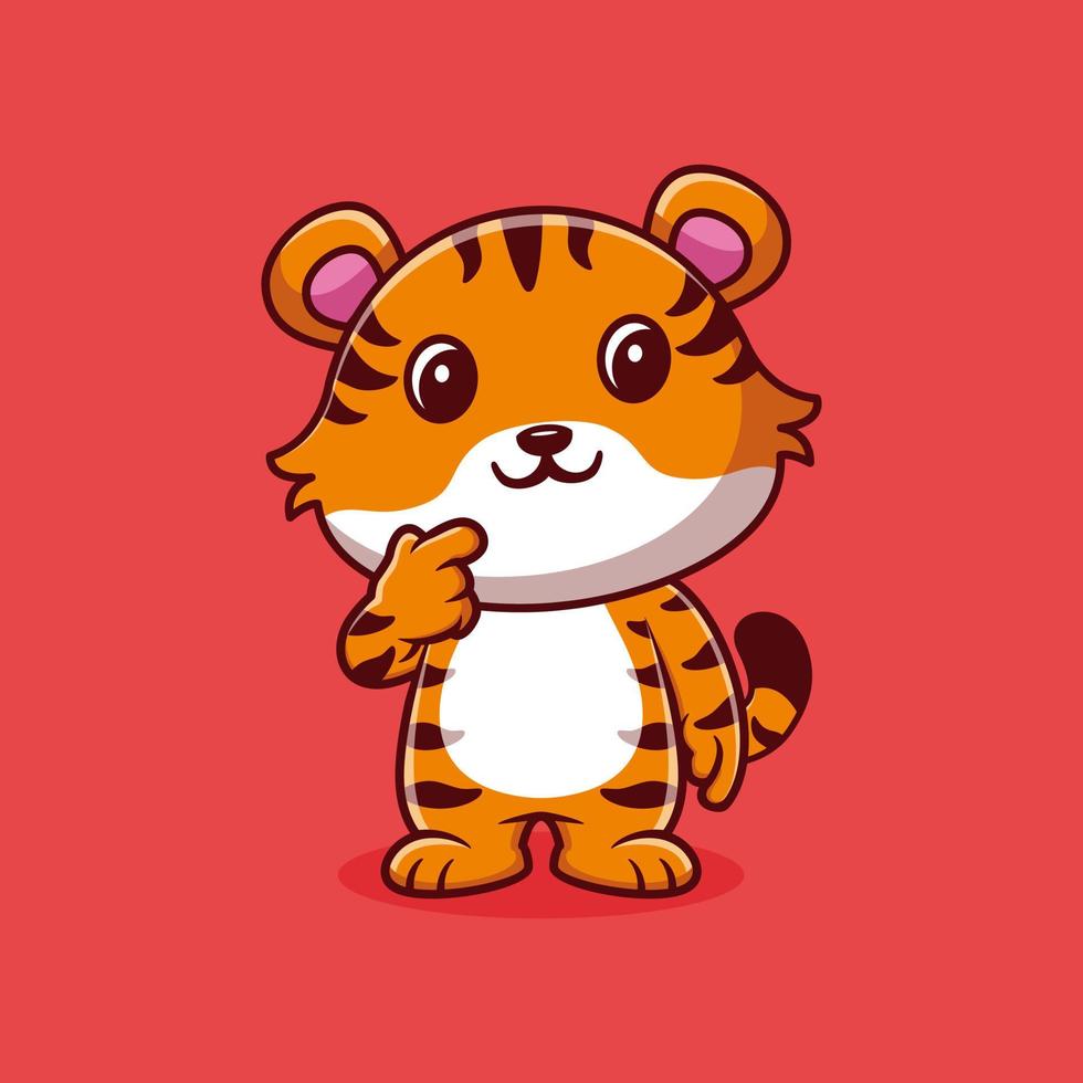 Cute tiger think of something cartoon vector icon illustration. animal nature icon concept isolated premium vector