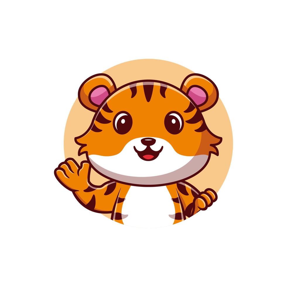 Cute tiger waving in round frame cartoon vector icon illustration. animal nature icon concept isolated premium vector