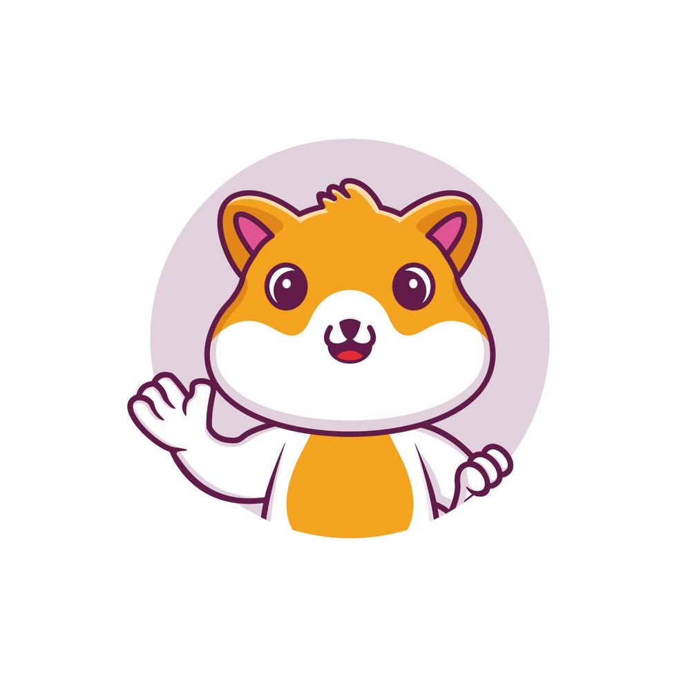 Cute hamster waving in round frame cartoon vector icon illustration. animal nature icon concept isolated premium vector