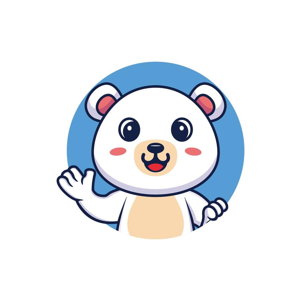 Cute polar bear waving in round frame cartoon vector icon illustration. animal nature icon concept isolated premium vector
