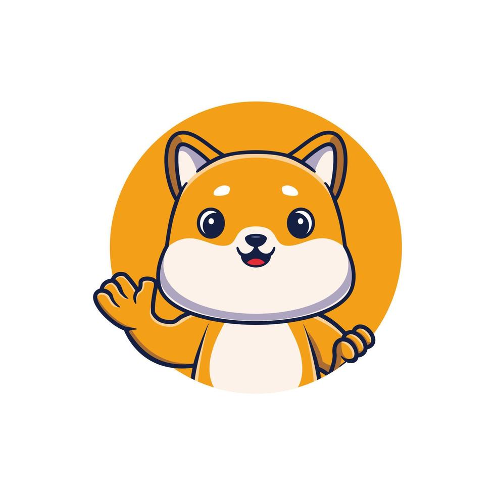 Cute dog waving in round frame cartoon vector icon illustration. animal nature icon concept isolated premium vector