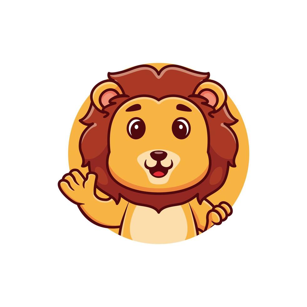 Cute lion waving in round frame cartoon vector icon illustration. animal nature icon concept isolated premium vector