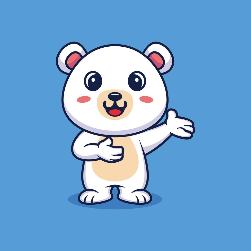 Cute polar bear in welcoming gesture cartoon vector icon illustration. animal nature icon concept isolated premium vector